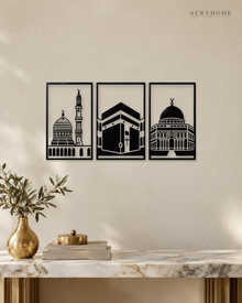 Set of Three Mosque Panels Islamic Wall Art in gloss piano black acrylic, float-mounted on a pale ivory wall.