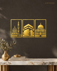 Set of Three Mosque Panels Islamic Wall Art in mirror gold acrylic, float-mounted on a deep charcoal wall.