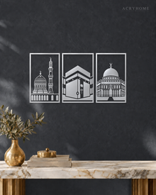 Set of Three Mosque Panels Islamic Wall Art in mirror silver acrylic, float-mounted on a deep graphite wall.