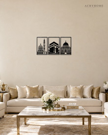 Set of Three Mosque Panels Islamic Wall Art in gloss piano black acrylic, float-mounted on a pale ivory wall.