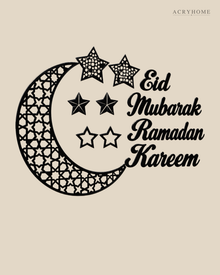 Crescent Moon and Stars Ramadan Wall Art in gloss piano black acrylic, float-mounted on a pale ivory wall.
