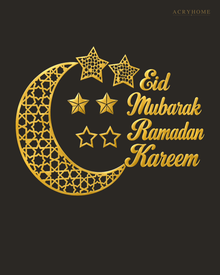 Crescent Moon and Stars Ramadan Wall Art in mirror gold acrylic, float-mounted on a deep charcoal wall.