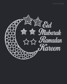 Crescent Moon and Stars Ramadan Wall Art in mirror silver acrylic, float-mounted on a deep graphite wall.