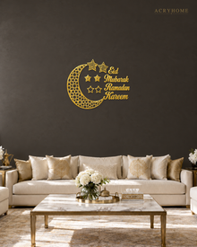 Crescent Moon and Stars Ramadan Wall Art in mirror gold acrylic, float-mounted on a deep charcoal wall.