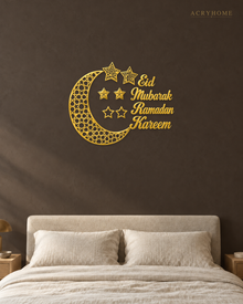 Crescent Moon and Stars Ramadan Wall Art in mirror gold acrylic, float-mounted on a deep charcoal wall.
