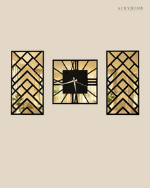 Flat view of the three-piece art deco set — a square Roman-numeral clock between two chevron lattice panels.