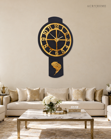 Black and gold pendulum wall clock hung on a living room wall.
