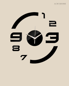 Flat view of the floating numerals clock — cut numbers and two arcs around a small centre.