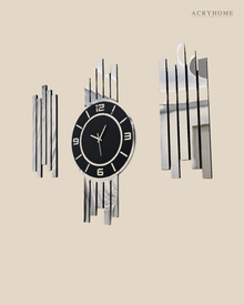Flat view of the vertical bar set — a round black clock between two groups of silver mirror bars.