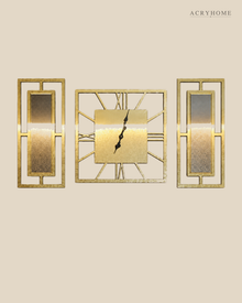 Flat view of the gold mirror set — a square clock between two tall framed panels.