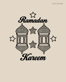 Ramadan Kareem Lanterns — Acrylic Islamic Wall Art in gloss piano black acrylic, float-mounted on a warm ivory wall