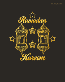 Ramadan Kareem Lanterns — Acrylic Islamic Wall Art in mirror gold acrylic, float-mounted on a deep charcoal wall