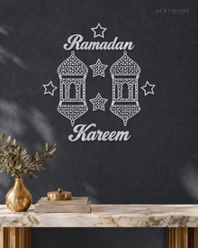 Ramadan Kareem Lanterns — Acrylic Islamic Wall Art in mirror silver acrylic, float-mounted on a deep graphite wall
