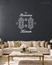 Ramadan Kareem Lanterns — Acrylic Islamic Wall Art in mirror silver acrylic, float-mounted on a deep graphite wall