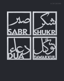 Sabr, Shukr, Dua & Tawakkul — Acrylic Islamic Wall Art in mirror silver acrylic, float-mounted on a deep graphite wall