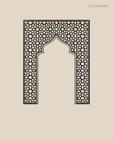 Mihrab Arch Geometric Lattice — Acrylic Islamic Wall Art in gloss piano black acrylic, float-mounted on a warm ivory wall