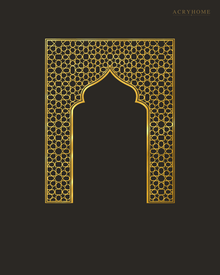 Mihrab Arch Geometric Lattice — Acrylic Islamic Wall Art in mirror gold acrylic, float-mounted on a deep charcoal wall