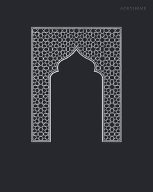 Mihrab Arch Geometric Lattice — Acrylic Islamic Wall Art in mirror silver acrylic, float-mounted on a deep graphite wall