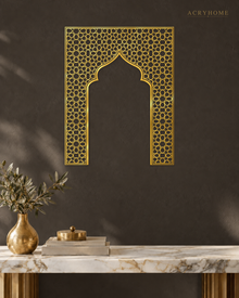 Mihrab Arch Geometric Lattice — Acrylic Islamic Wall Art in mirror gold acrylic, float-mounted on a deep charcoal wall