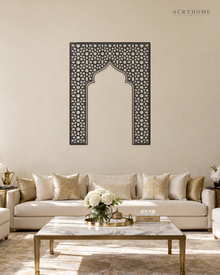 Mihrab Arch Geometric Lattice — Acrylic Islamic Wall Art in gloss piano black acrylic, float-mounted on a warm ivory wall