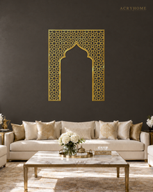 Mihrab Arch Geometric Lattice — Acrylic Islamic Wall Art in mirror gold acrylic, float-mounted on a deep charcoal wall