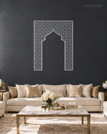 Mihrab Arch Geometric Lattice — Acrylic Islamic Wall Art in mirror silver acrylic, float-mounted on a deep graphite wall