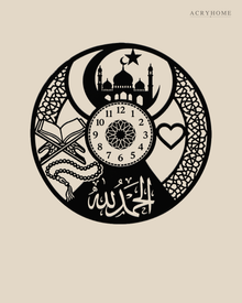 Alhamdulillah Clock-Face Roundel in gloss piano black acrylic, float-mounted on a warm ivory wall