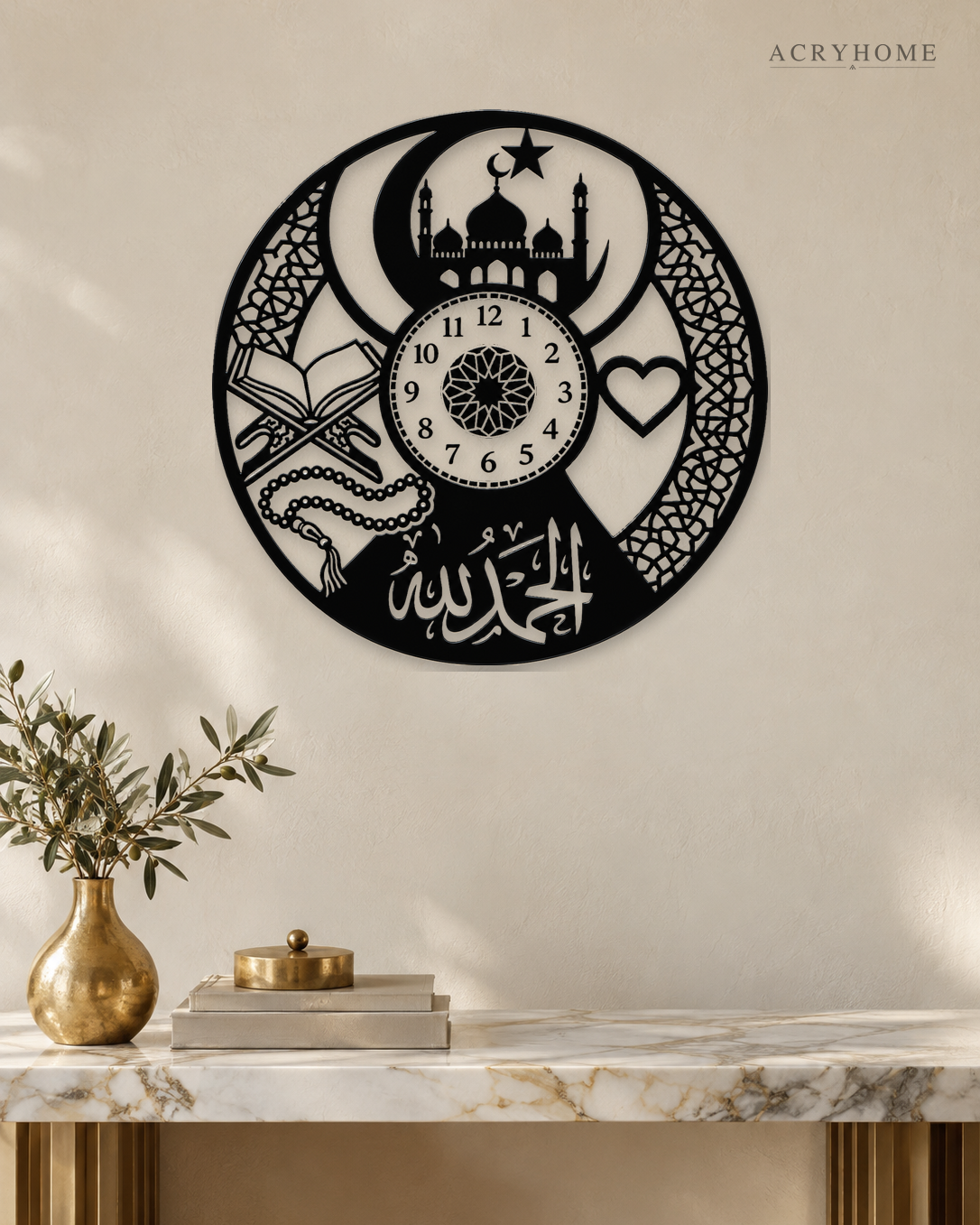 Alhamdulillah Clock-Face Roundel in gloss piano black acrylic, float-mounted on a warm ivory wall
