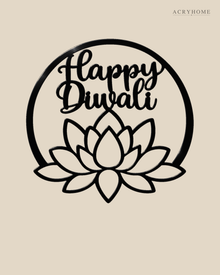 Happy Diwali lotus roundel in gloss piano black acrylic, float-mounted on a warm ivory wall