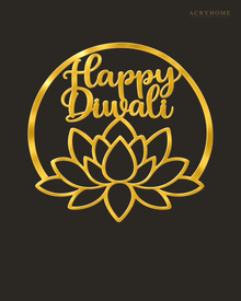 Happy Diwali lotus roundel in mirror gold acrylic, float-mounted on a deep charcoal wall