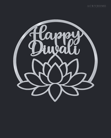 Happy Diwali lotus roundel in mirror silver acrylic, float-mounted on a deep graphite wall