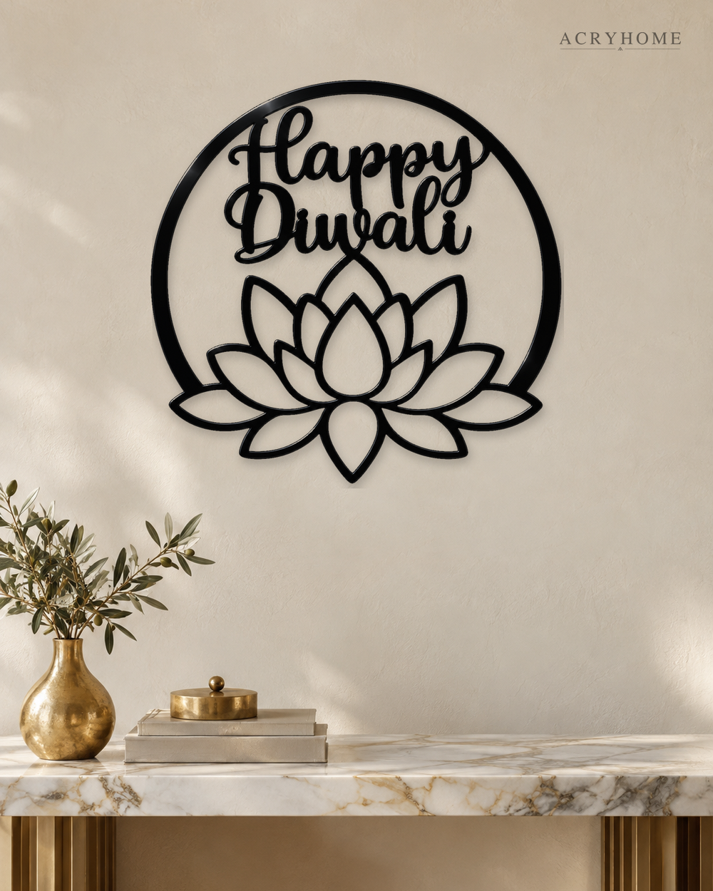 Happy Diwali lotus roundel in gloss piano black acrylic, float-mounted on a warm ivory wall