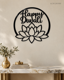 Happy Diwali lotus roundel in gloss piano black acrylic, float-mounted on a warm ivory wall