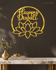Happy Diwali lotus roundel in mirror gold acrylic, float-mounted on a deep charcoal wall