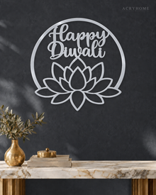 Happy Diwali lotus roundel in mirror silver acrylic, float-mounted on a deep graphite wall