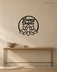 Happy Diwali lotus roundel in gloss piano black acrylic, float-mounted on a warm ivory wall