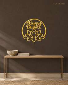 Happy Diwali lotus roundel in mirror gold acrylic, float-mounted on a deep charcoal wall
