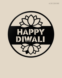 Happy Diwali banner disc in gloss piano black acrylic, float-mounted on a warm ivory wall