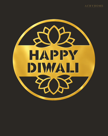 Happy Diwali banner disc in mirror gold acrylic, float-mounted on a deep charcoal wall