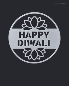 Happy Diwali banner disc in mirror silver acrylic, float-mounted on a deep graphite wall