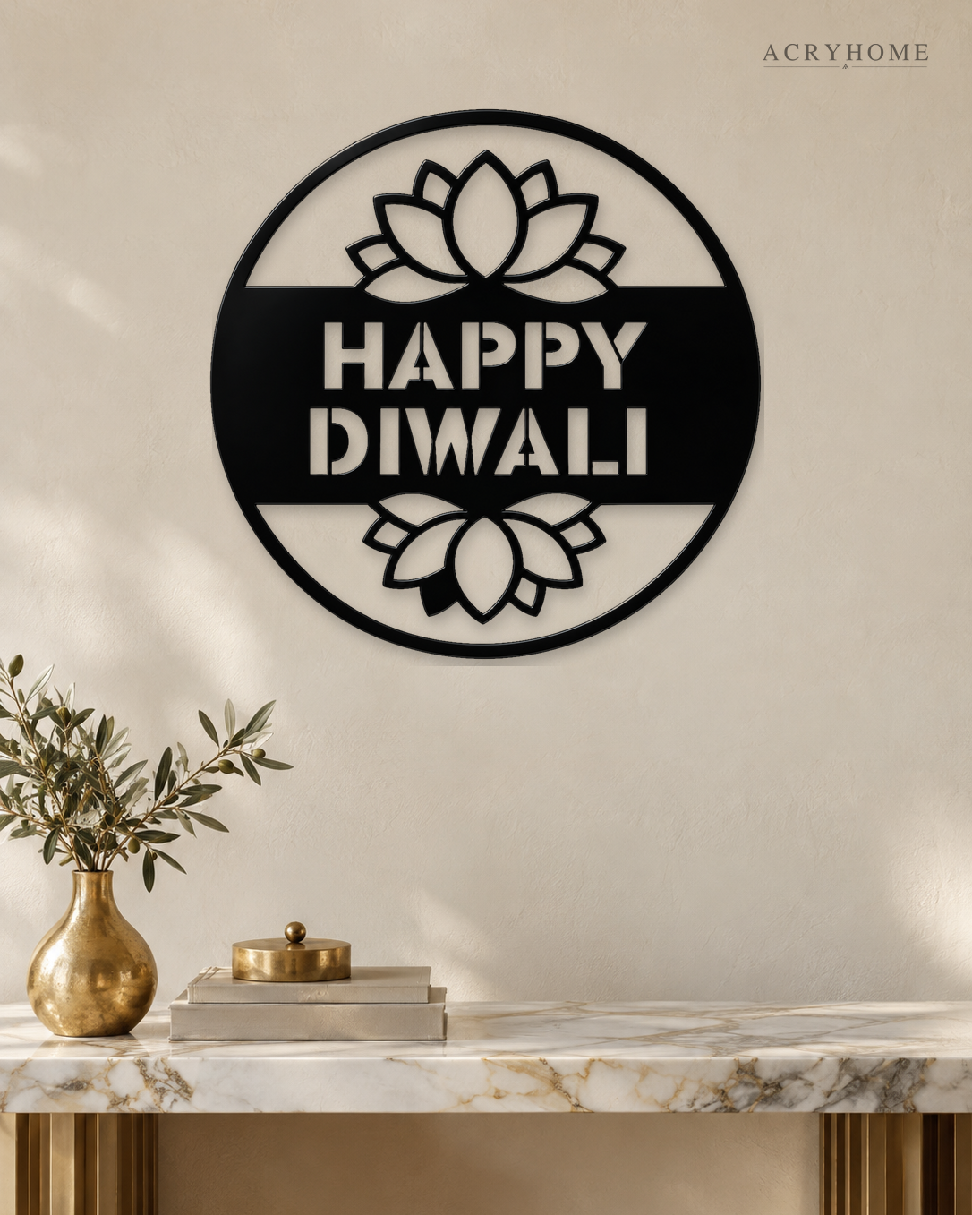 Happy Diwali banner disc in gloss piano black acrylic, float-mounted on a warm ivory wall