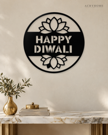 Happy Diwali banner disc in gloss piano black acrylic, float-mounted on a warm ivory wall