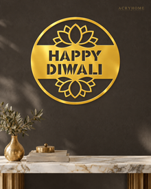 Happy Diwali banner disc in mirror gold acrylic, float-mounted on a deep charcoal wall