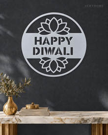 Happy Diwali banner disc in mirror silver acrylic, float-mounted on a deep graphite wall