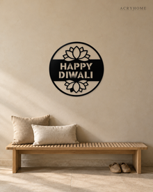 Happy Diwali banner disc in gloss piano black acrylic, float-mounted on a warm ivory wall